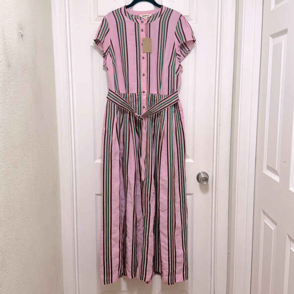 NWT Boden Arabella Linen Blend Dress in Pink Rich Emerald Stripe - Picture 8 of 13